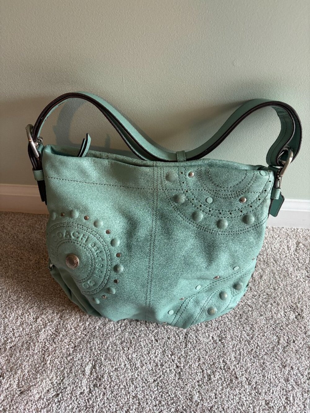 Coach mint green studded shoulder bag